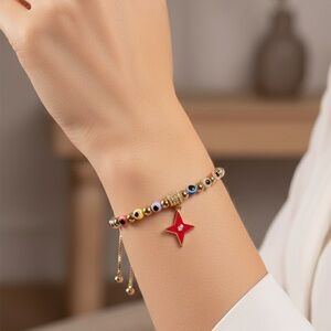 Adjustable Gold-Plated Beaded Evil Eye Bracelet